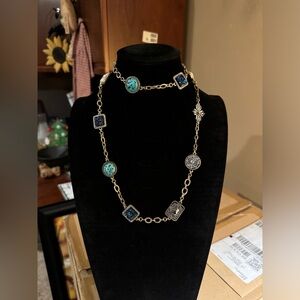 Premier Designs Necklace Faux Turquoise Rhinestone Druzy Double Clasp 30”
